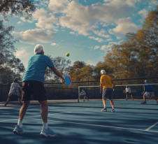 Four people playing pickleball at A field with the mountains in the distance with a bluish hue on the mountains near Happy Acres RV Park in Pueblo, Colorado.