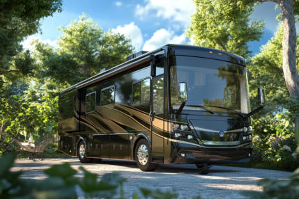 A class A motorhome in an rv site surrounded with green trees at Happy Acres RV Park in Pueblo, Colorado.